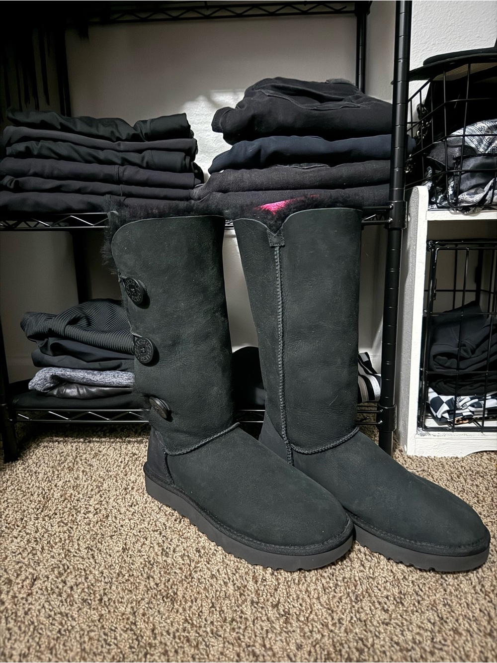 UGG Tall Black Suede Button Heeled Boots
